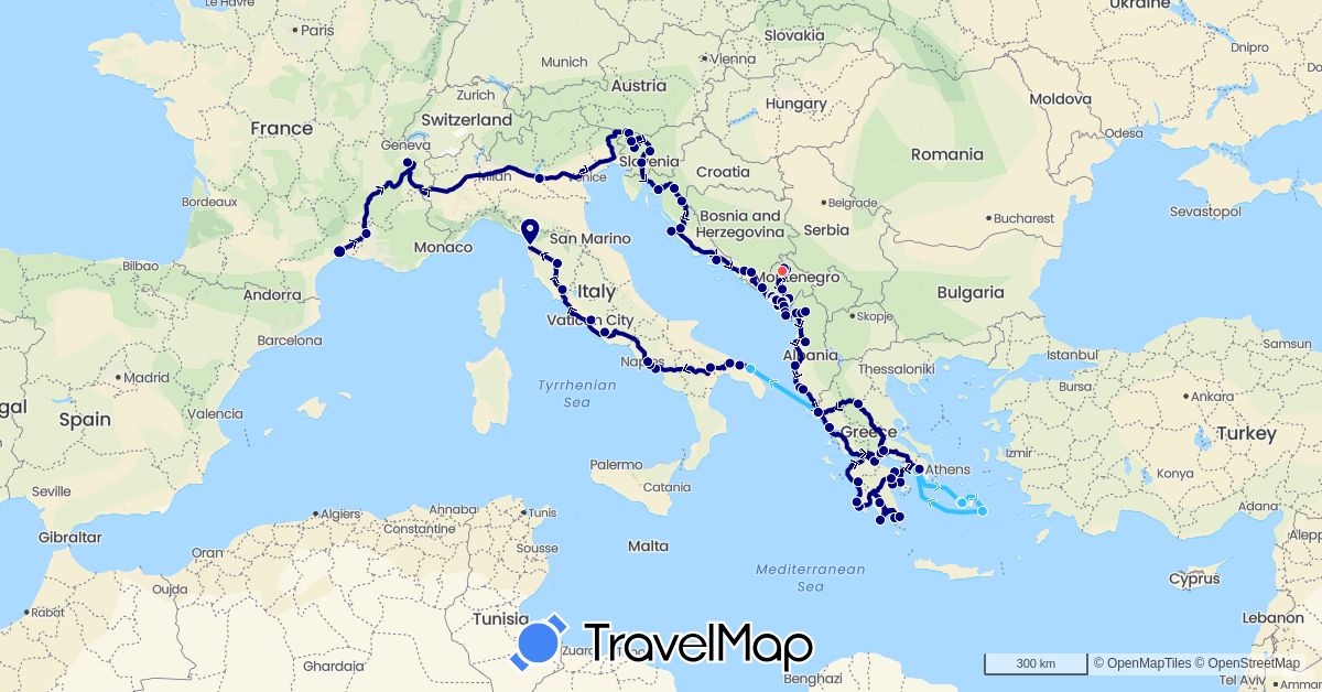 TravelMap itinerary: driving, hiking, boat in Albania, Bosnia and Herzegovina, France, Greece, Croatia, Italy, Montenegro, Slovenia (Europe)